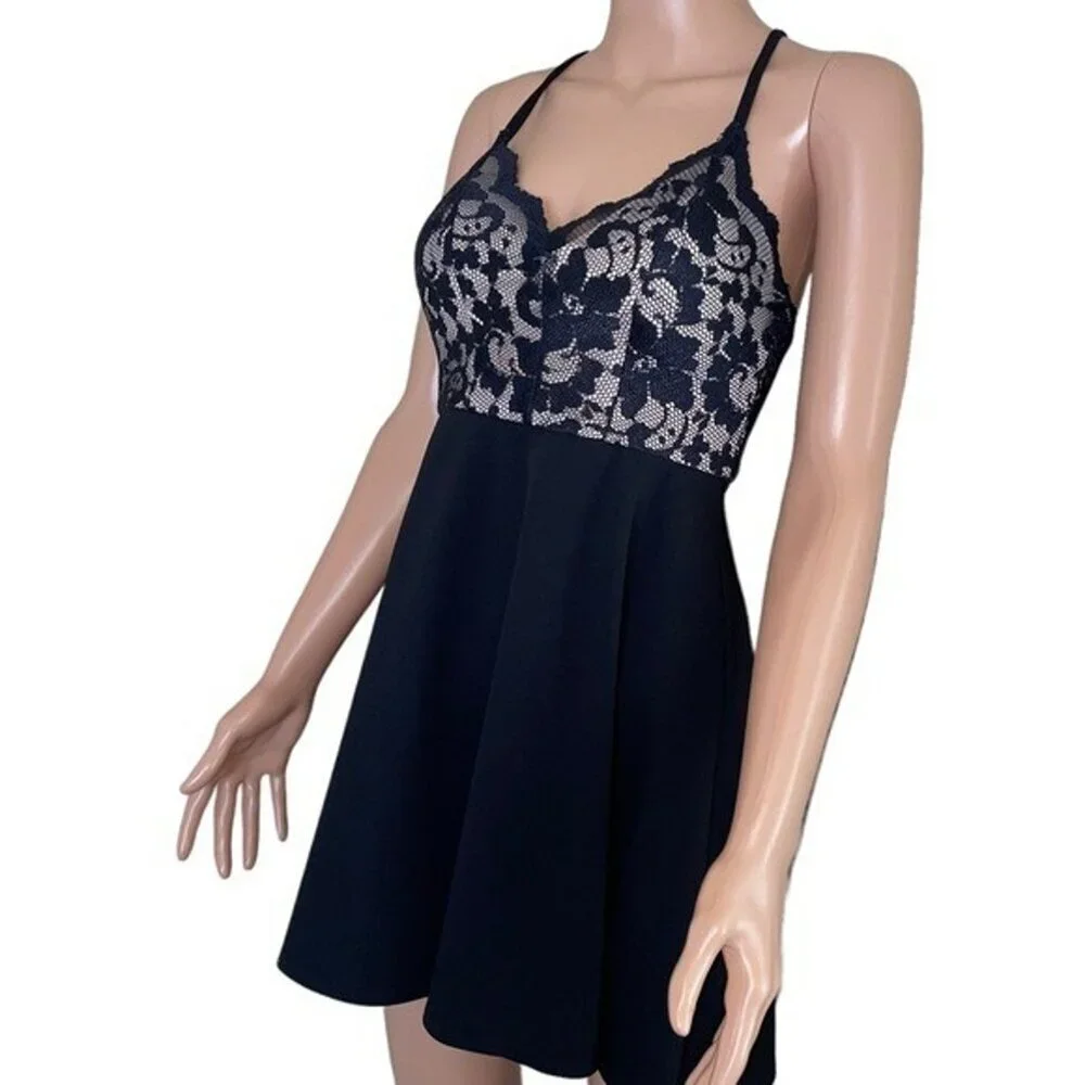 Morgan & CO dress fit & flare black and nude lace top short mini skater SZ 0*